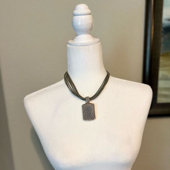 Artisan Olive Leather and Stamped Silver Pendant Necklace - Picture 11 of 15